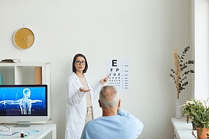 an elderly man taking an vision test at the doctors