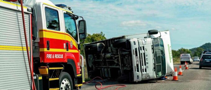 truck rollover on the bruce highway which held up traffic and was attended by emergency services