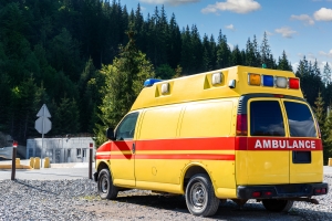 Side view of yellow ambulance rescue ems van car parked near countryside rural road at highland mountain resort area. Paramedic first aid help service vehicle against alpine forest landscape.