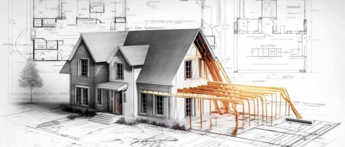 building house on blueprints - construction project