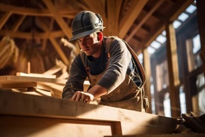 roof worker or carpenter building a wood structure house construction