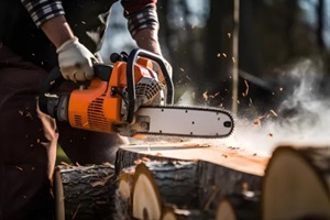 close up of construction worker cutting trees using portable gasoline chainsaw