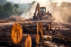 dusty deforestation scene with piled logs in the foreground and a bulldozer at work in forest