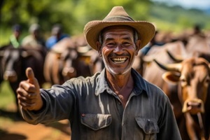 joyful brazilian farmer with sustainable cattle farming award
