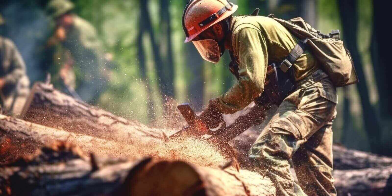 loggers cuts a tree trunk with a chainsaw