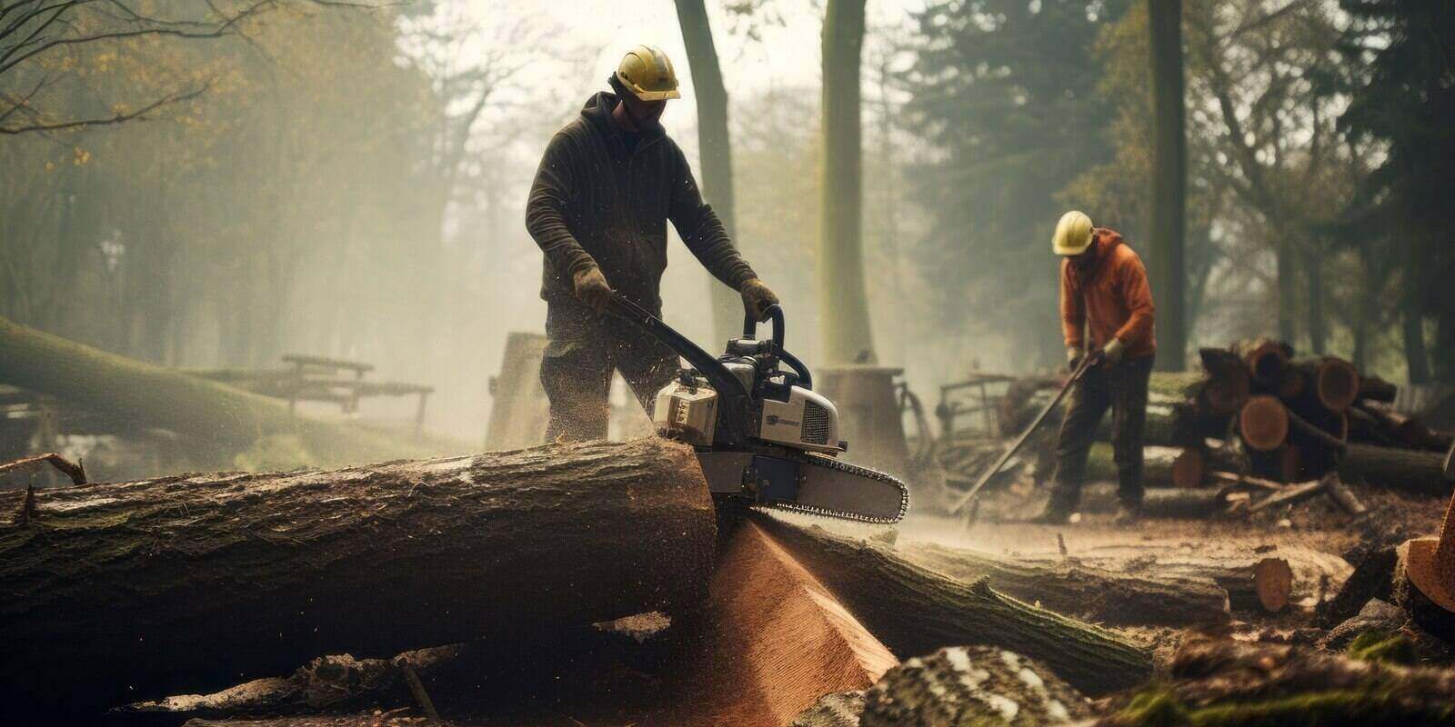 man cutting down trees in the forest
