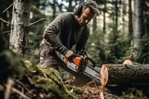 man is cutting wood in the forest with a chainsaw