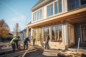 process of installing wooden structures and cladding a house by a team of builders