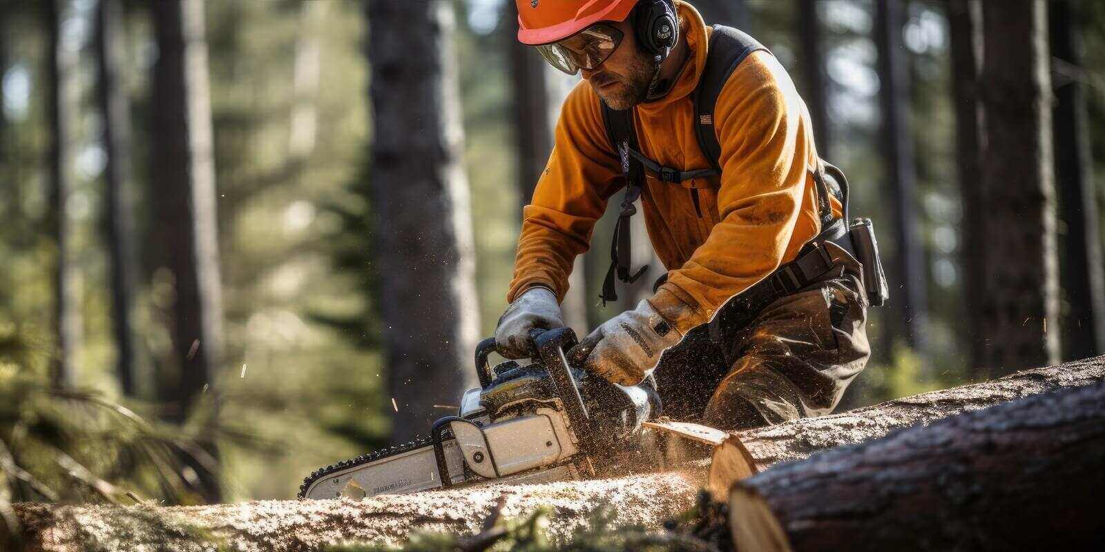 woodcutter saws wood in the amazing forest with a chainsaw