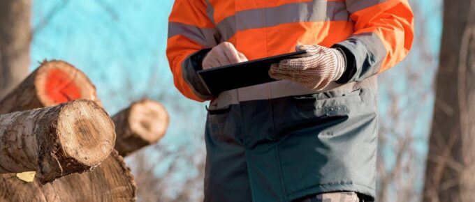 forestry technician using digital tablet computer in forest