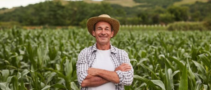 confident mature farmer in agricultural field