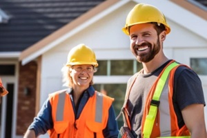 happy male and female builders standing in front of house