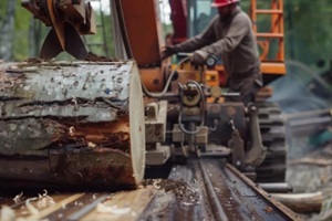 worker in protective gear operating a portable sawmill cutting logs in a forest setting