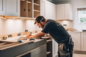 worker or carpenter installing new modern kitchen