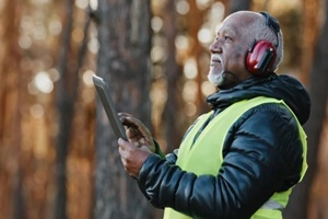 african american forestry engineer in noiseisolating headphones in forest old mature foreman forester thinks over work plan for cutting trees