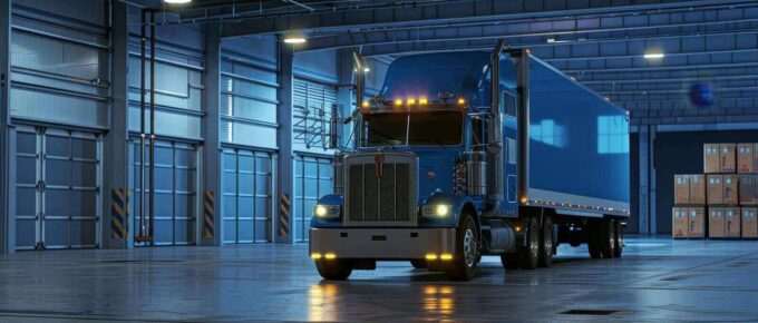 blue truck arriving at warehouse