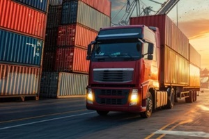 container truck in ship port for business Logistics and transportation of Container Cargo ship and Cargo plane with working crane bridge in shipyard at sunrise