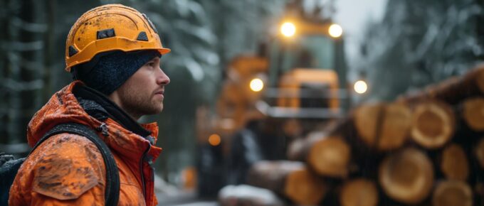 lumberjack in orange gear stands near logs with heavy machinery in snowfall