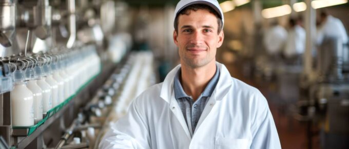 portrait of male dairy factory worker with milk bottles production line and conveyor belt in background