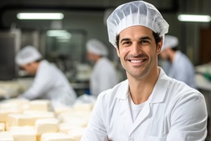 portrait of male engaged in cheesemaking dressed in white uniform with cap