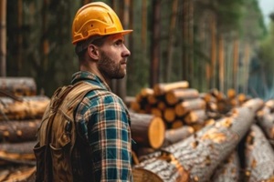 rugged sawmill worker wearing a hard hat and plaid shirt stands in a forested area with logs stacked behind him