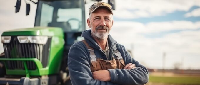 senior western farmer standing at farm with tractor