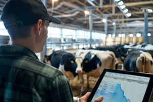 tech-savvy farmer monitors dairy production using tablet in modern barn