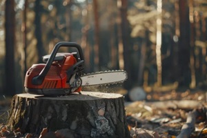 chainsaw placed on a tree stump in the forest