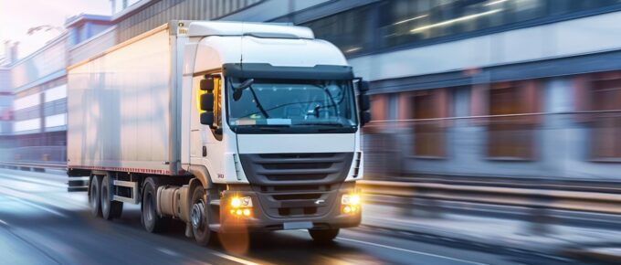 refrigerated truck racing down an industrial road with factories and warehouses blurred in the background