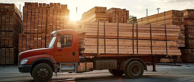 truck loaded with lumber parked in a sunlit lumberyard