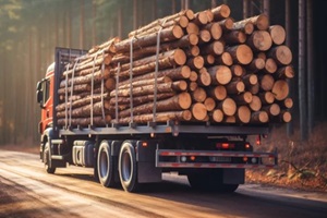 loaded timber truck drives along a forest road