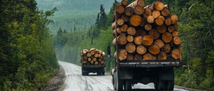 logging truck is transporting large load of freshly cut timber logs through muddy road in forest