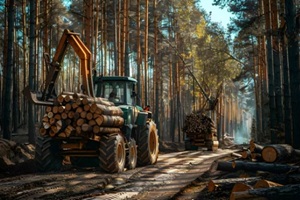 logging trucks in a forest transporting felled trees on a dirt path