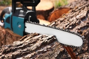 modern electric saw and wooden log outdoors