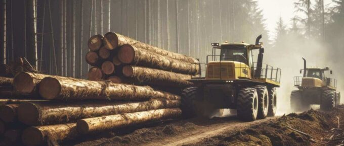 yellow log carrier vehicle or truck, besides a stacked pile of fresh cut new logs