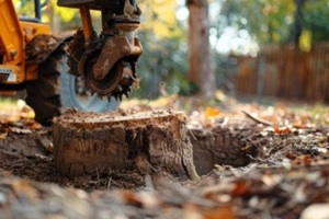 close-up of a stump grinder removing a tree stump in a yard