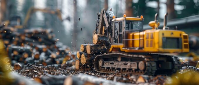 heavy machinery transporting logs in a forest logging site