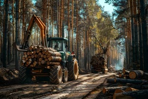 logging trucks in a forest transporting felled trees on a dirt path, illuminated by soft sunlight filtering through tall pine trees