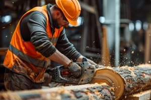 man in hard hat and orange vest with chainsaw cutting large log in industrial setting, wearing work gloves