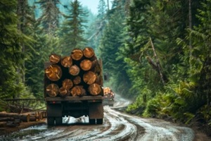 massive logs being transported on a heavy truck through a lush green forest road in a timber logging scene