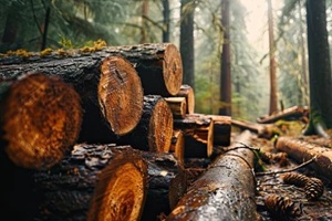 sustainable timber industry within a lush evergreen forest, logs arranged in a neat pile