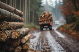 timber transport truck hauling logs from forest, wooden pellets stacked in foreground