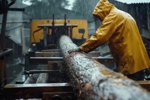 worker in a yellow raincoat manually handling a large log on a sawmill during a heavy rain