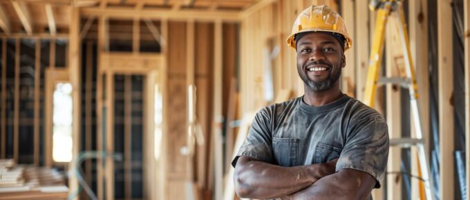 black man construction worker wearing a hardhat working in a home, house renovation and builder concept