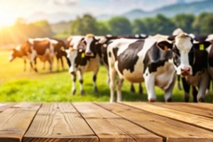 cows grazing in a lush green field on a sunny day with a wooden table in the foreground