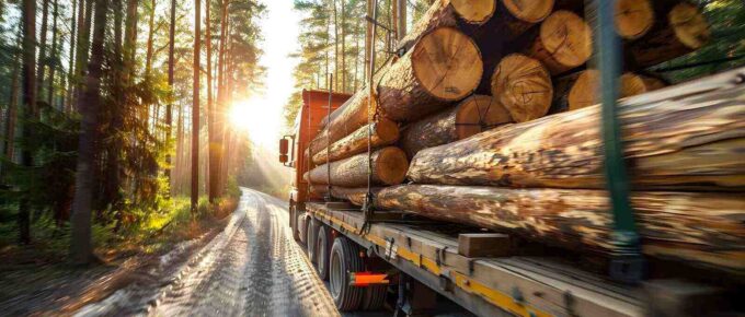 defocused truck transporting logs in forest path