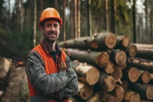 logging worker posing near wood logs