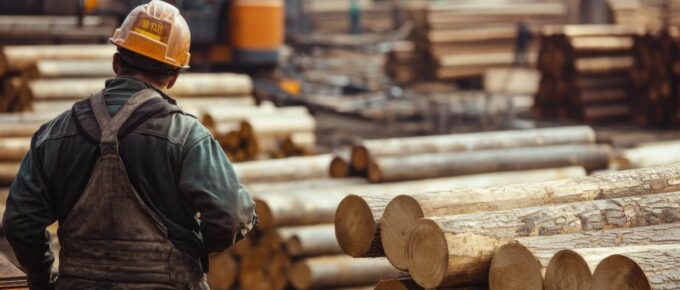 logging worker skillfully sorts and stacks freshly cut logs at a busy lumber yard