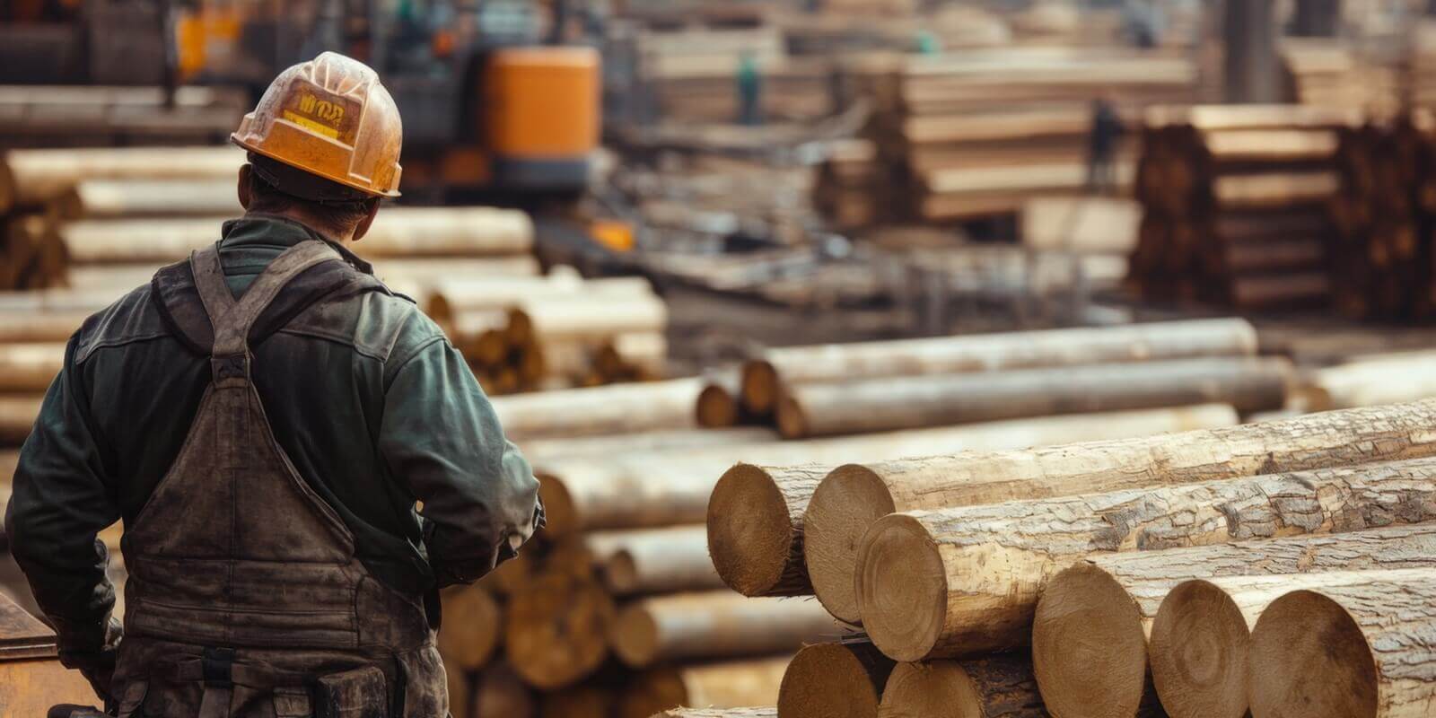 logging worker skillfully sorts and stacks freshly cut logs at a busy lumber yard