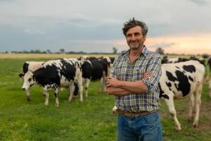 farmer with his cows in a field